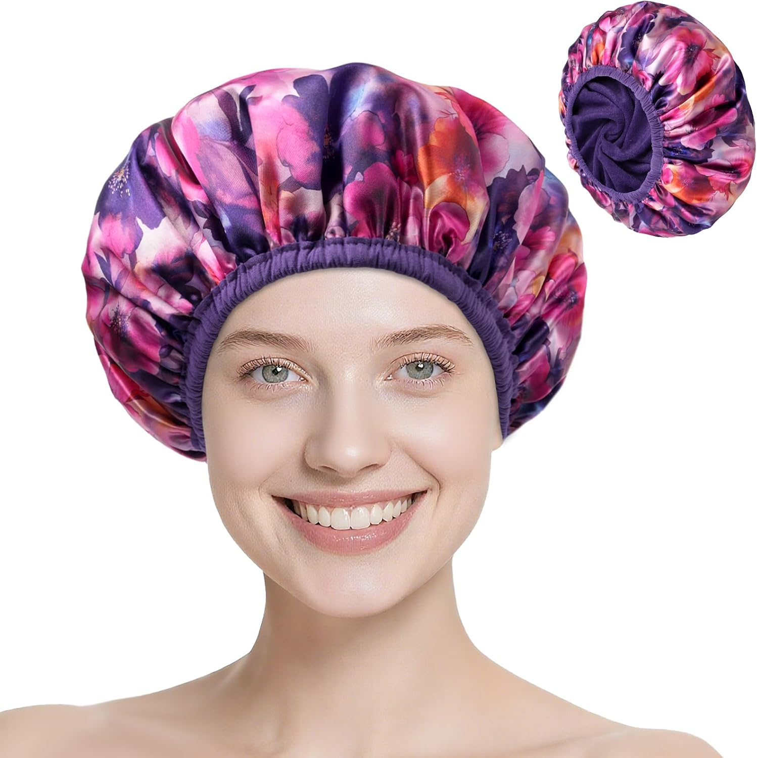 Upgraded Waterproof Terry Shower Caps, Reusable Shower Cap for Women with Long Hair, Soft Absorbent Hair-Protecting Towel Lining Bath Cap, Large Leak-Proof Hair Cap with Fashionable Print Outer-Blue
