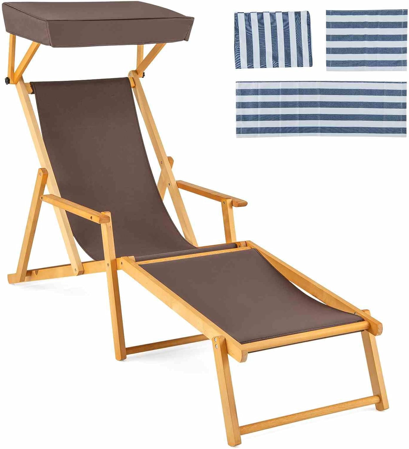 Costway Outdoor Birch Wood Chaise Lounge Chair, Foldable Beach Lounge Chair with Adjustable Canopy, Reclining Backrest and Footrest with Replacements for Patio Poolside (Navy + Natural)