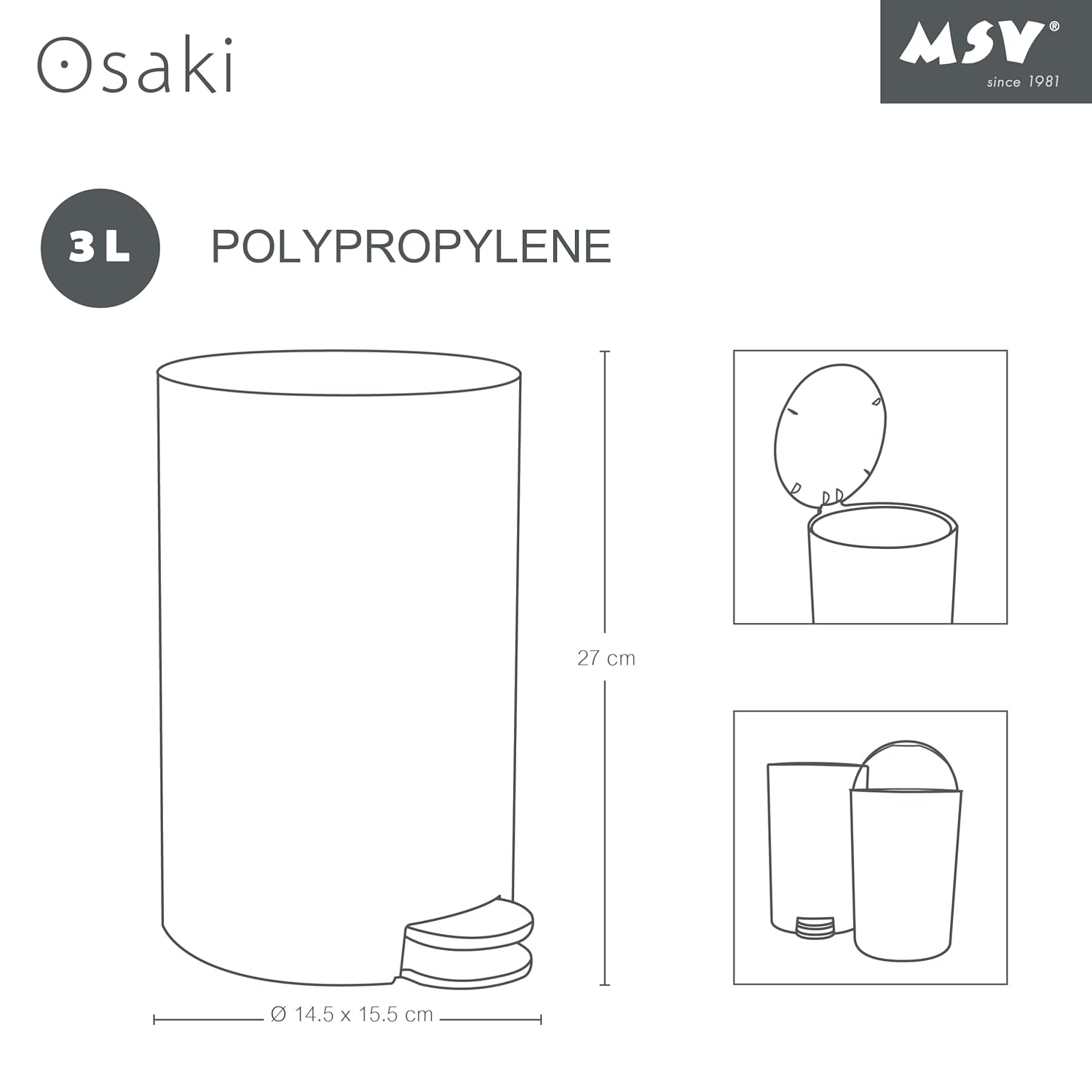 MSV Osaki Cosmetic Bin, Pedal Bin, 3 Litres, with Removable Inner Bin, Orange image number 4