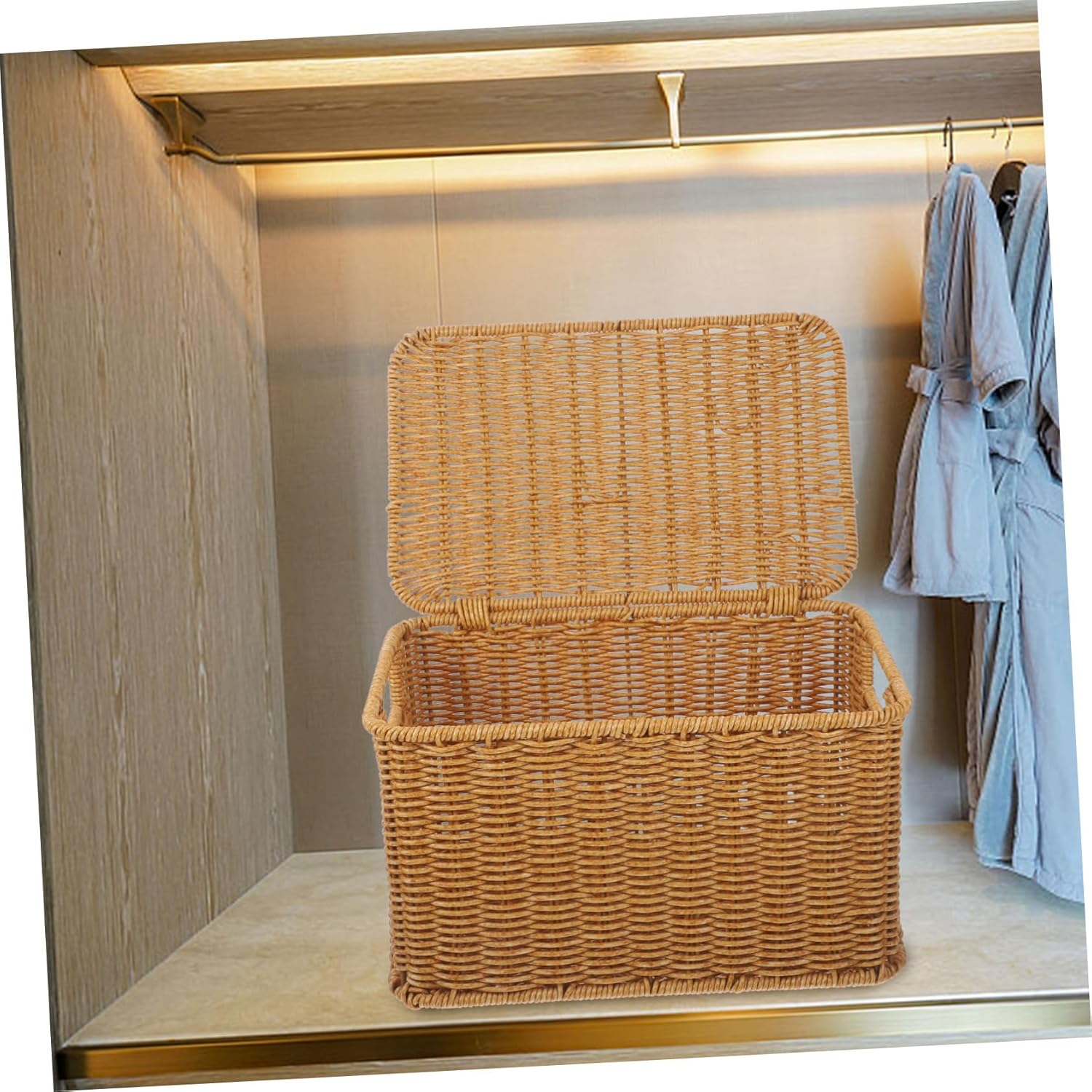 BUTIFULSIC Woven Storage Basket with Lid Multipurpose Household Organizer for Clothes Sundries Handcrafted Rattan Box for Bedroom and Living Small with Handles image number 5