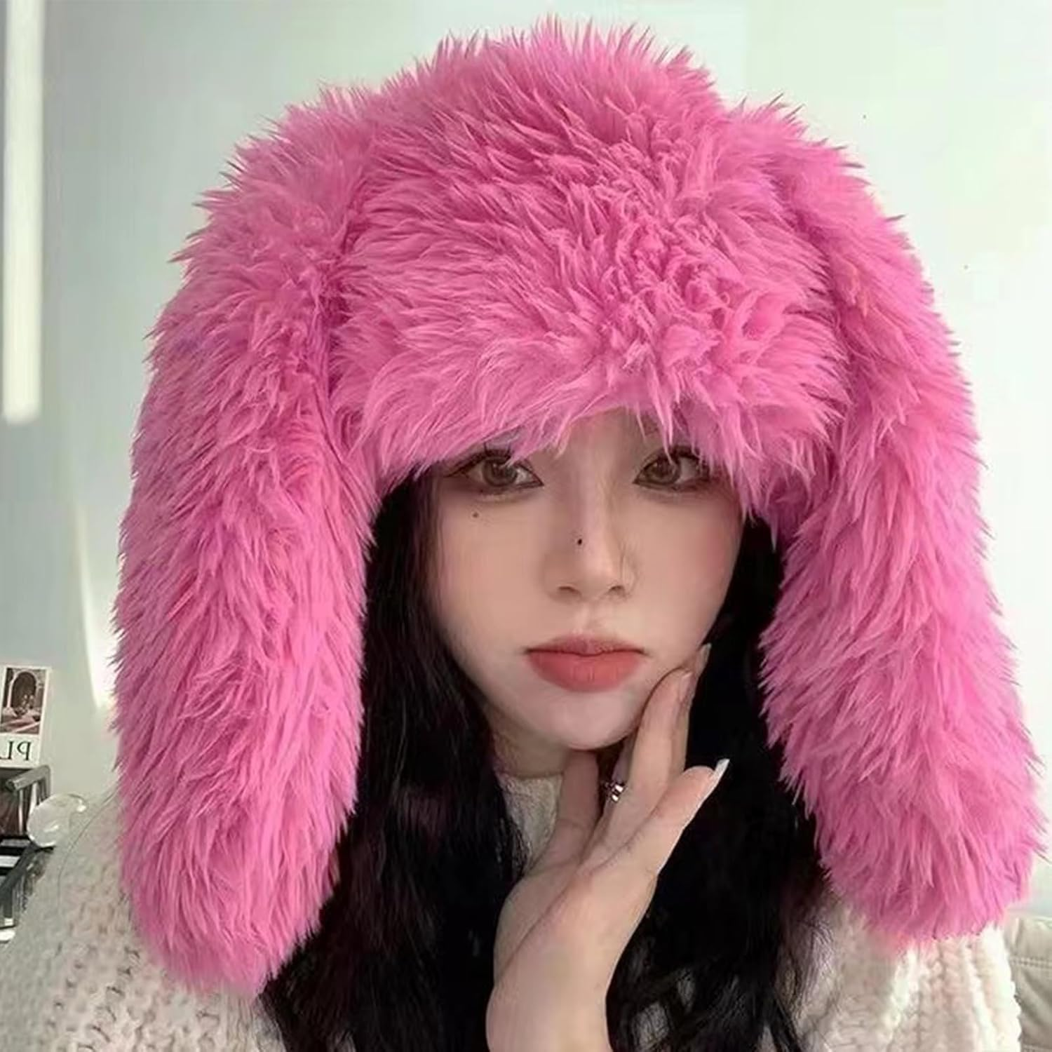 CENZICOM Plush Bunny Beanie Hat with Long Ears, Winter Hat for Women - Rosered image number 4
