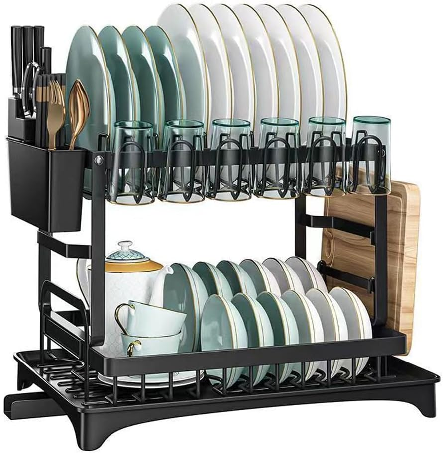 Dish Drying Racks for Kitchen Counter Large Capacity Double-Layer Dish Drying Rack - with Knife/Utensil & Cutting Board Holder, Drainage Tray image number 4
