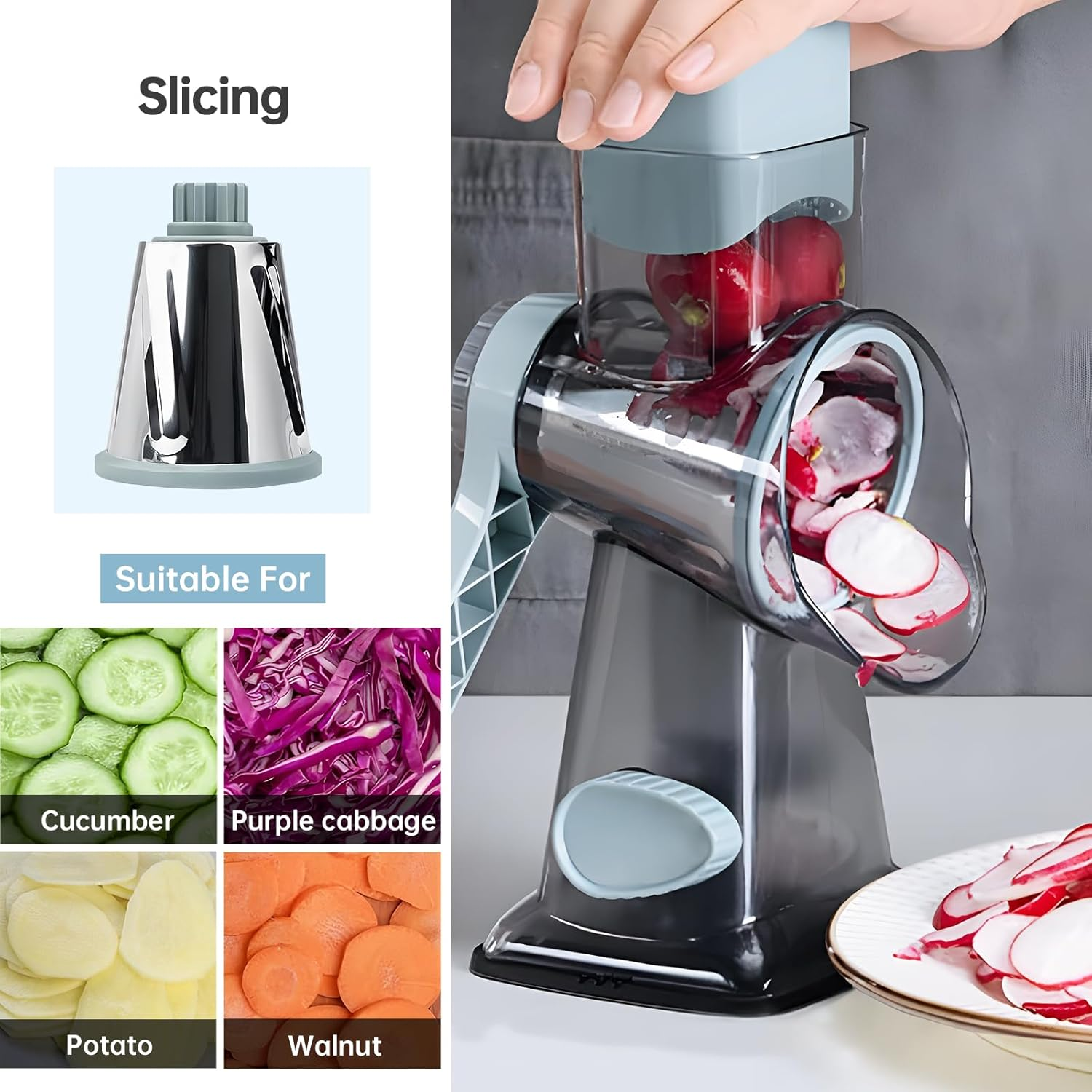 Cheese Grater Rotary Vegeteble Slicer Chopper,Versatile Cheese Shredder,Blades for Shredding, Grating, Slicing,Vegetable Shredder with Suction Base and Cleaning Brush image number 4