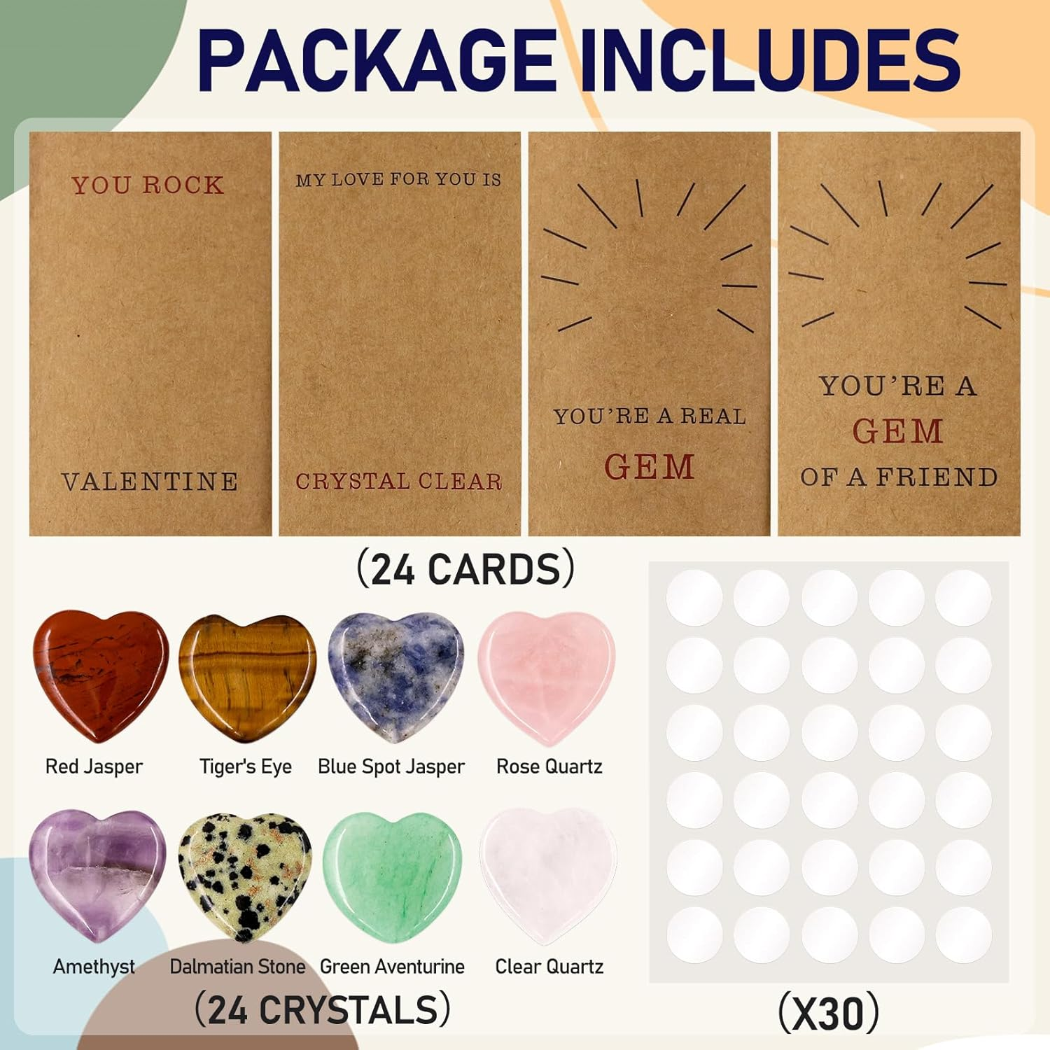 For Girl - 24 Pack Valentines Cards with Heart-Shape Crystals Natural Gemstone - Exchange Card Presents for Girls Boys School Class Classroom Party Favors image number 6