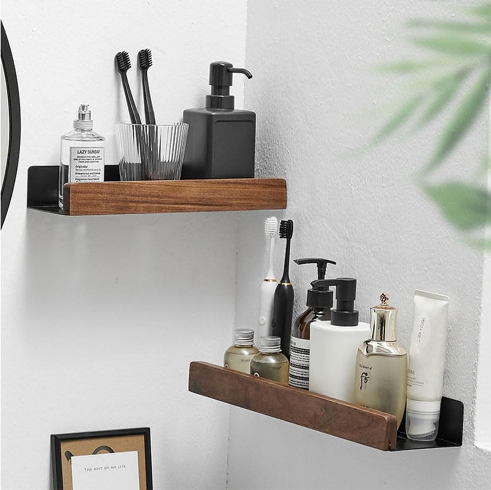 Wall Mounted Floating Metal Shelf Ledge, White Bathroom Shelf Wall Mount Shelf Decorate with Solid Wood Edges Space Saving Rustproof Extra Strong Floating Shelves Storage Shelf (20 Cm) image number 3