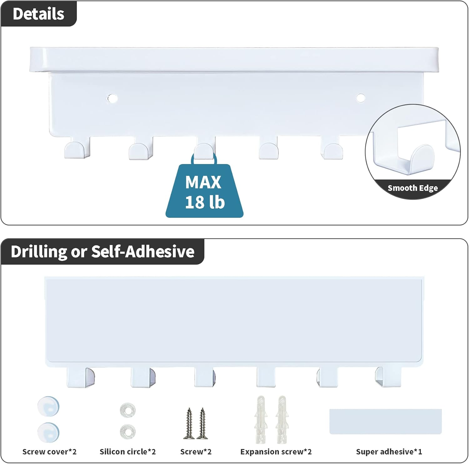 GTK Key Holder for Wall, Key Hooks with Tray and 6 Hooks, Wall Mounted Key Holder for Hallway, Key Rack with Shelf for Mail Storage (White)