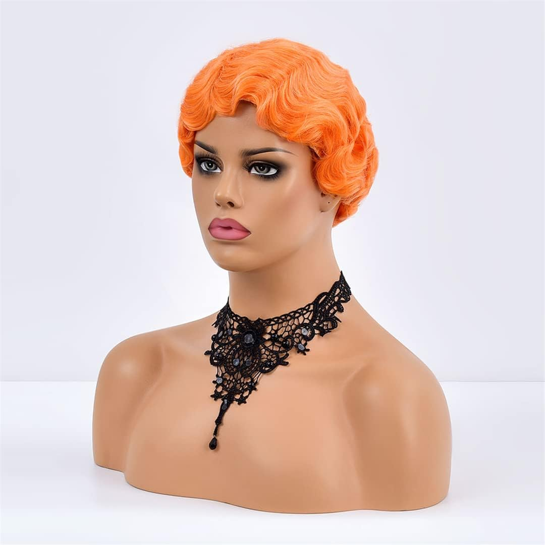 Orange Short Finger Wave Wig Vintage Synthetic Wigs for Black Women 6Inch Retro Curly Cosplay Halloween Party Hair TB107-2 image number 3