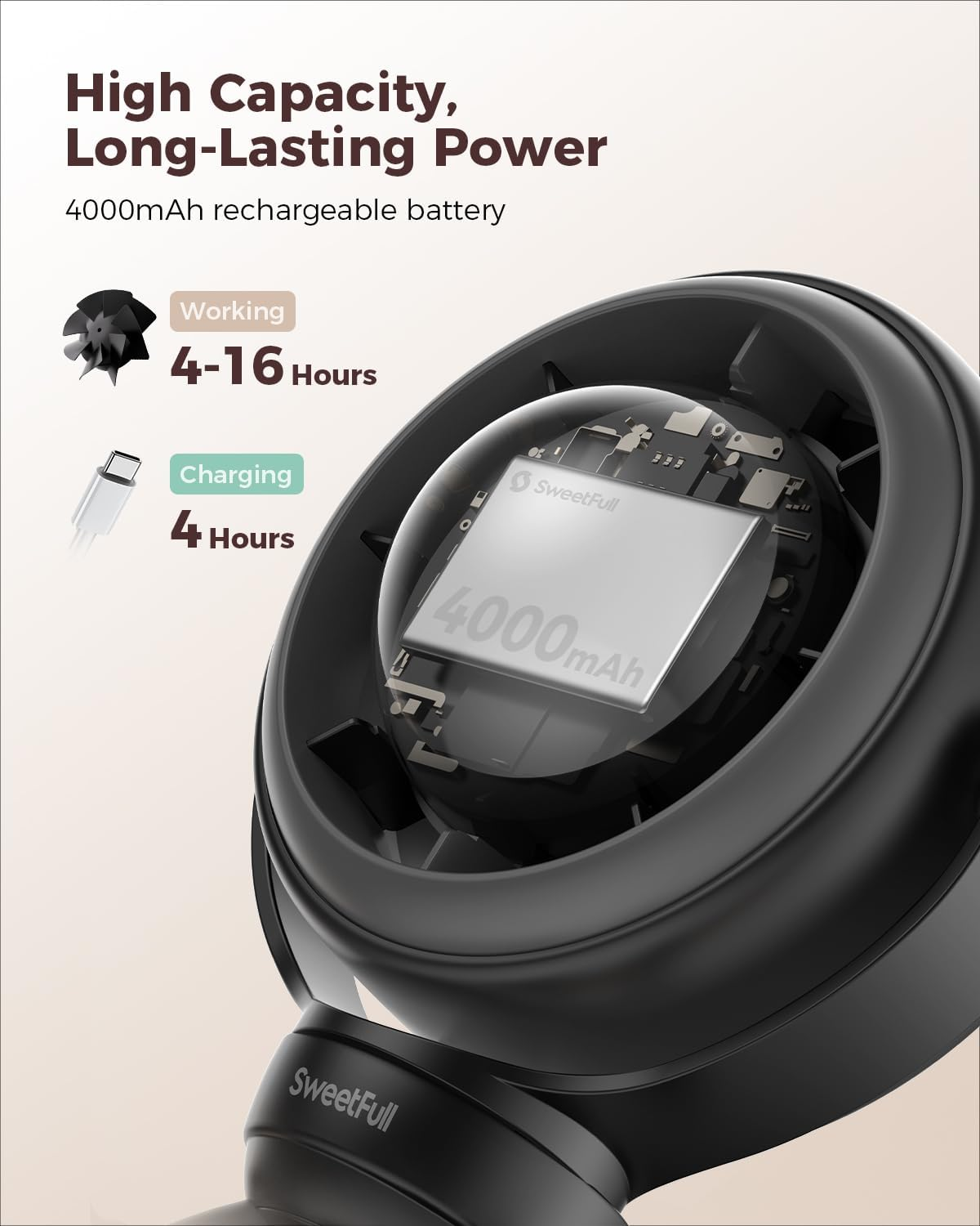 SWEETFULL Portable Pram Fan, 4 Speed Baby Stroller Fan, 360&deg; Rotate Clip on Fan with LED Display & Night Light, 4000Mah Rechargeable Quiet Mini Safe Fan for Desk, Car Seat, Hand, Travel, Black image number 3