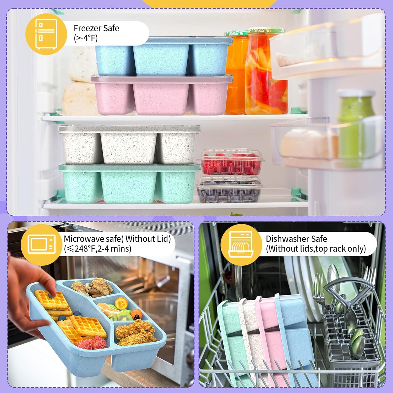 Bento Lunch Box and Snack Containers - 4 Compartments, Durable and Safe Lunch Containers for Adults Kids with Transparent Lid, Microwave Safe, BPA Free - Set of 4 (Wheat (Green/Blue/Pink/Beige)) image number 6