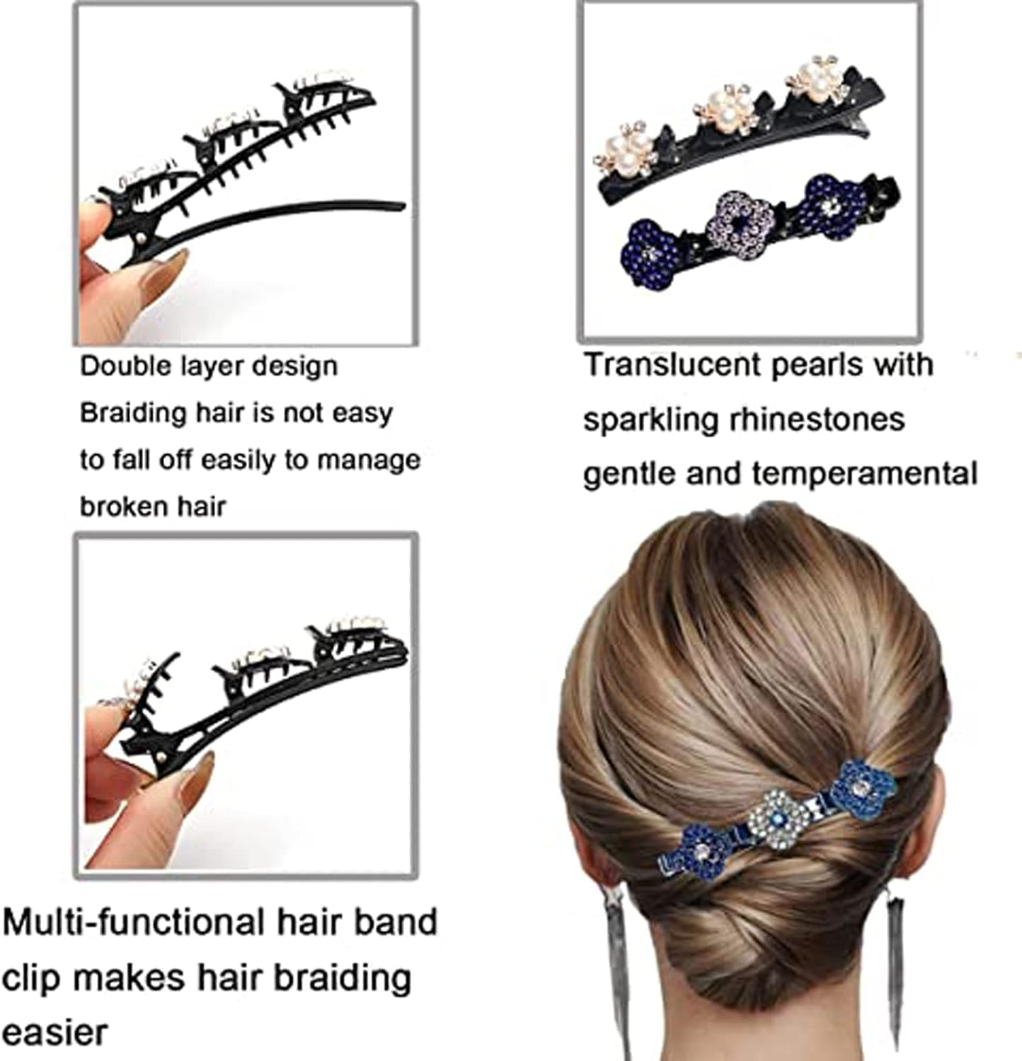 Hummingbird Hair Clip with Crystal Flower, Rhinestone Hair Clip, Four-Leaf Hairpin Duck Beak Clip, Hair Accessories for Women, Pack of 8 Braided Hair Clips, Fashionable Double Layer Mini Hair Clips