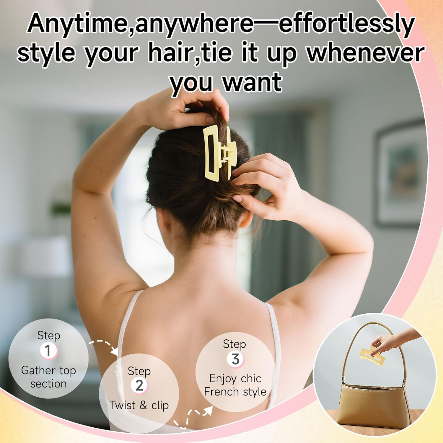 6 Pcs Matte Square Claw Clips Set for Women, Cute Pastel Yellow Pink & White Hair Clips &ndash; Non‑Slip Small and Medium Rectangular Hair Claw Clips, French Style Hair Accessories for Women image number 4