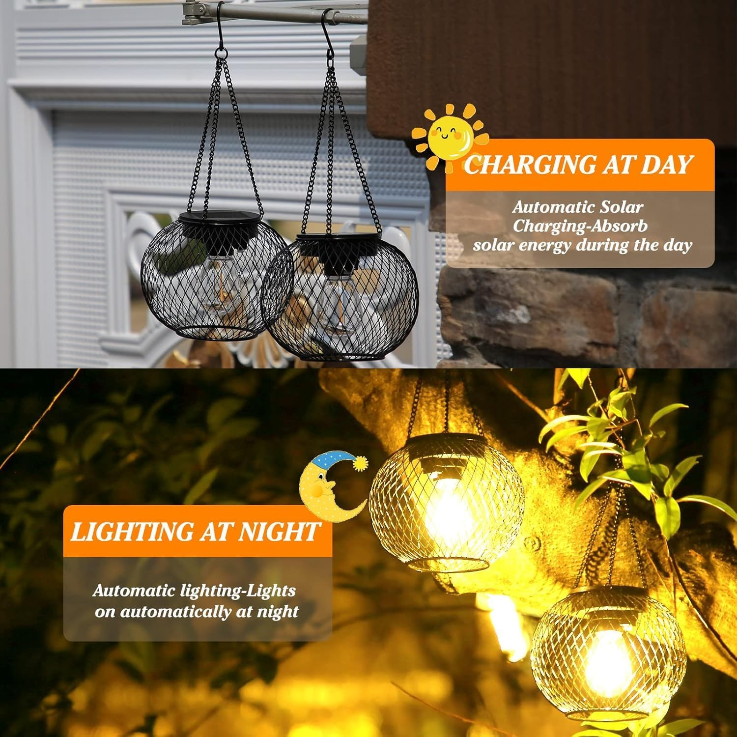Solar Lantern Outdoor, Upgraded Hanging Solar Lights Outdoor Garden Metal Hanging Lanterns Decorative Lighting Solar Powered Waterproof Tree Lantern for Garden Yard Patio Pathway, 2 Pack