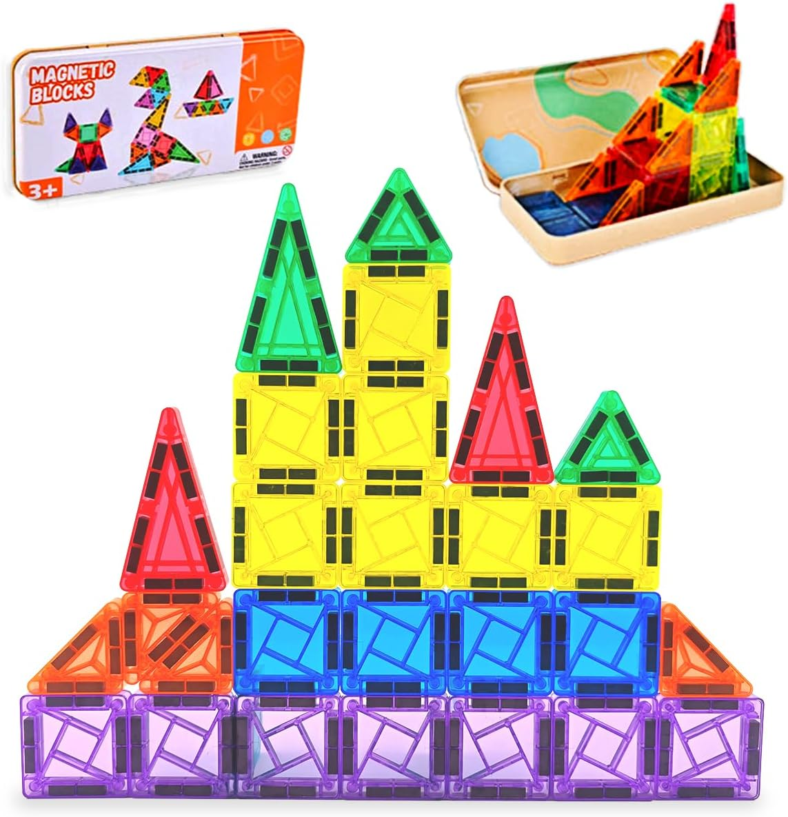 Piraar,26Pcs Mini Magnetic Tiles,Travel Friendly Portable Magnetic Building Tiles, Metal Storage Case, STEM Toys for Ages 3+,Travel Magnetic Tiles for Kids, Educational&Safe image number 3