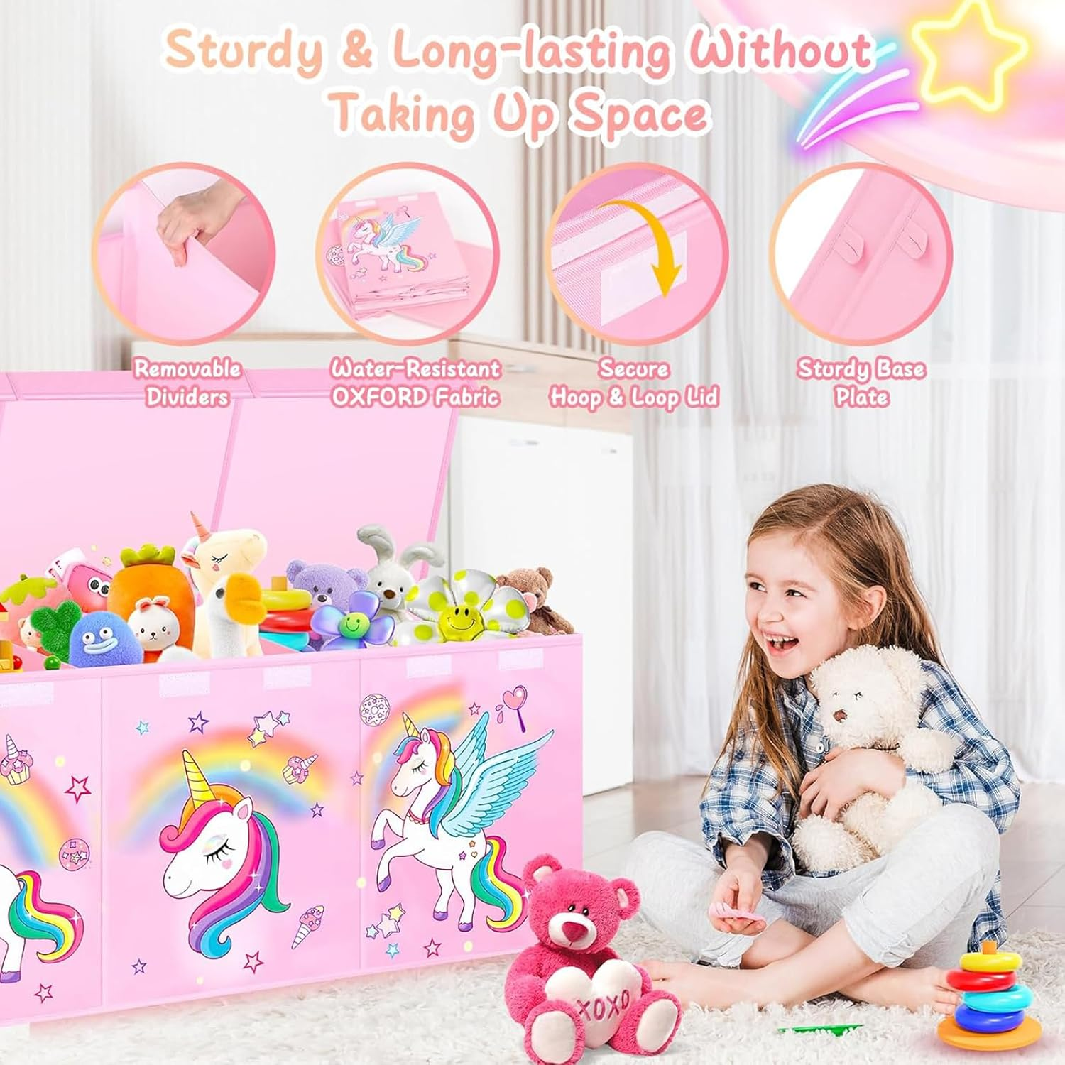 Large Toy Box Chest Storage with Lid - Collapsible Kids Toys Boxes Organizer Bins Baskets Container with Handles for Boys, Girls, Nursery, Playroom, Clothes, Blanket, Bedroom,Pink