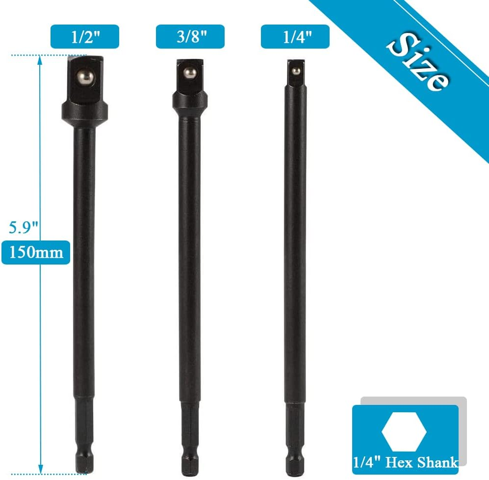 Bestgle 3 Pcs Long Impact Grade Socket Adapter, 150Mm Impact Wrench Socket Extension Bar 1/4 Inch Hex Shank to Square Socket Drill Bits 1/4" 3/8" 1/2" Square Drive for Power Drills & Impact Drivers image number 1