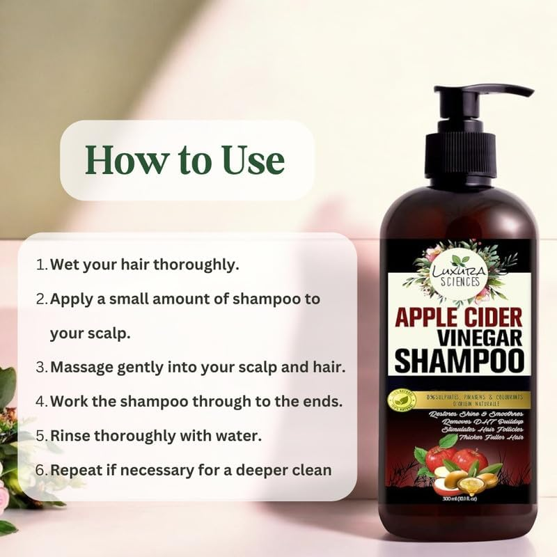 Luxura Sciences Apple Cider Vinegar Shampoo 300ML,SLS Sulfate Free Organic - Best for Damaged, Dry, Curly or Frizzy Hair - Thickening for Fine/Thin Hair, Safe for Color and Keratin Treated Hair image number 4