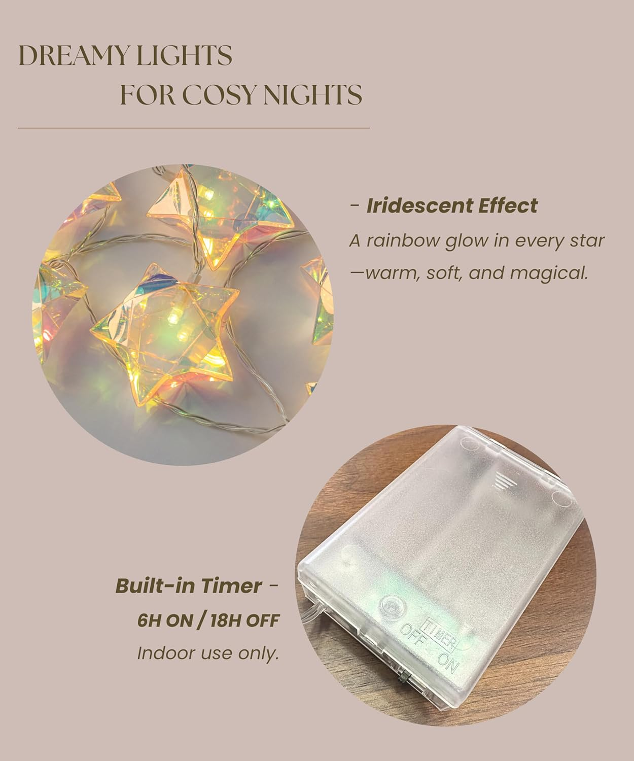 Meletē LED Iridescent Star String Lights &ndash; 3.15M (10Ft 4In), 20 Warm White Leds, Battery Operated with Timer &ndash; Fairy Lights for Indoor Use, Christmas, Bedroom, Party Decoration image number 3