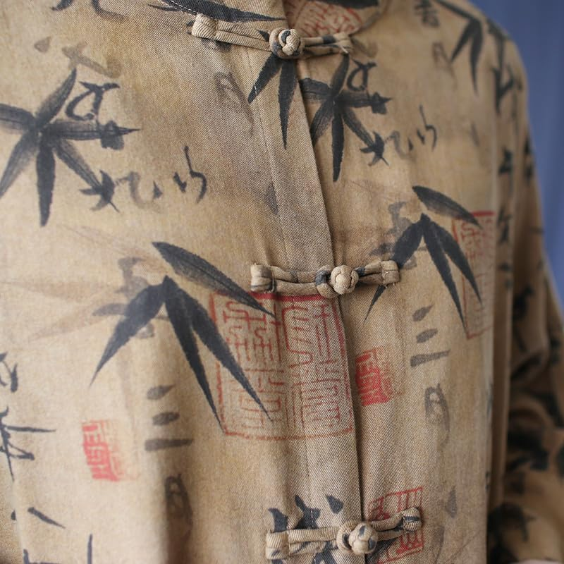 Vintage Ethnic Distressed Mandarin-Collar Frog-Button Jacket Women'S Loose Fit Long-Sleeve Outerwear Coffee image number 6