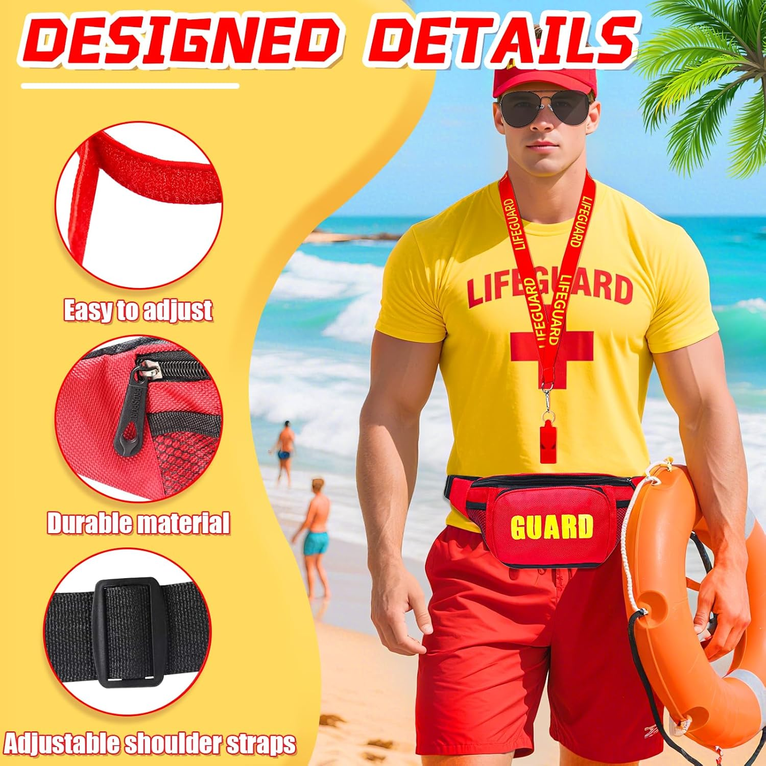 5Pcs Life Guard Costume Set, Lifeguard Fancy Dress Include T-Shirt Hat Fanny Pack Whistle Sunglasses Beach Costume Acccessories for Women Men Pool Party Halloween Cosplay(M) image number 5
