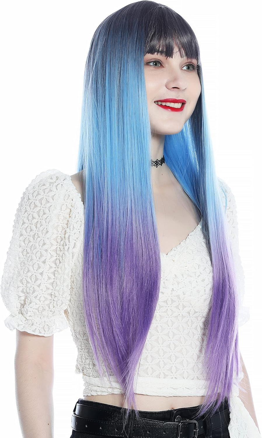 WIG ME up - SZL0810B-T-002 Women'S Wig Long Straight Fringe Ombre Purple Light Blue Purple image number 4