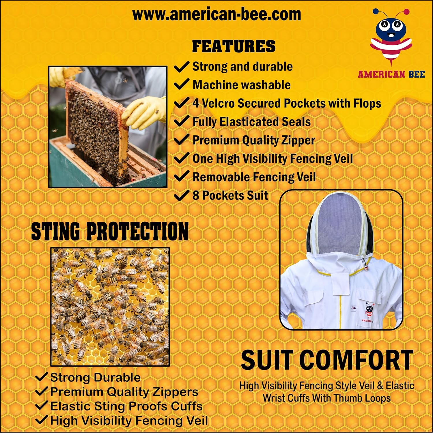 Cotton Beekeeping Suit with Fancing Veil Sting Proof with Two Pair of Gloves, American Bee White Cotton Beekeeping Suit image number 5