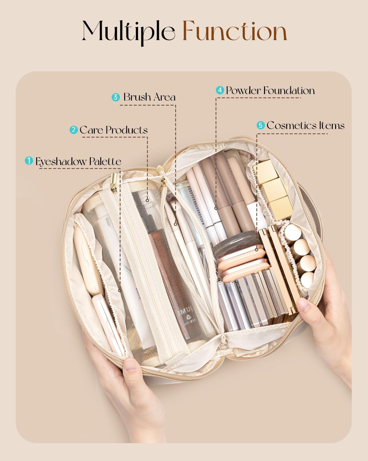 Vlando Travel Makeup Bag,Toiletry Bag for Women PU Leather Open Flat Make up Bag, 01.Toffee, Classic Elegant image number 2