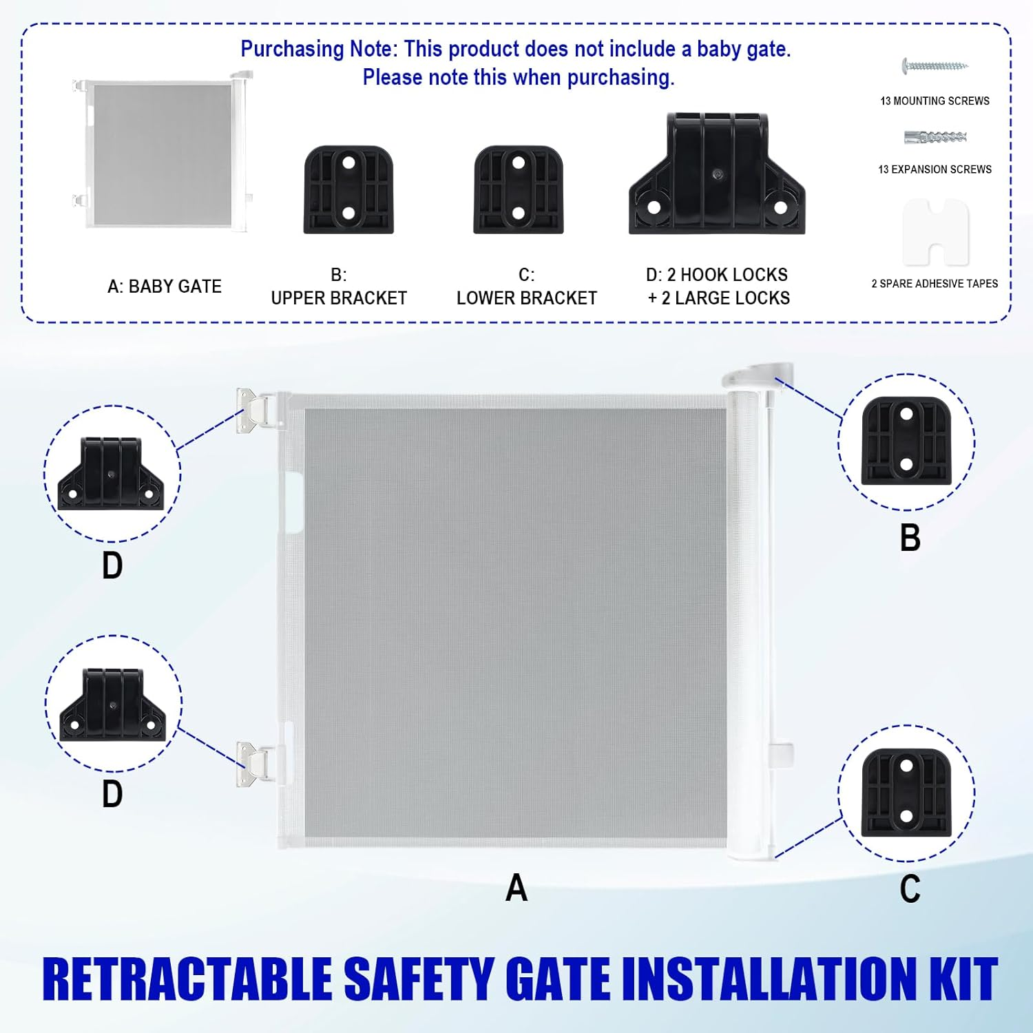 Black Retractable Baby Gate Replacement Part, 55" W X 33" H Retractable Baby Gate Extension Kit with 2 Latches 2 Brackets & 1 Set of Screws for Telescopic Doors for Babies and Pets image number 5