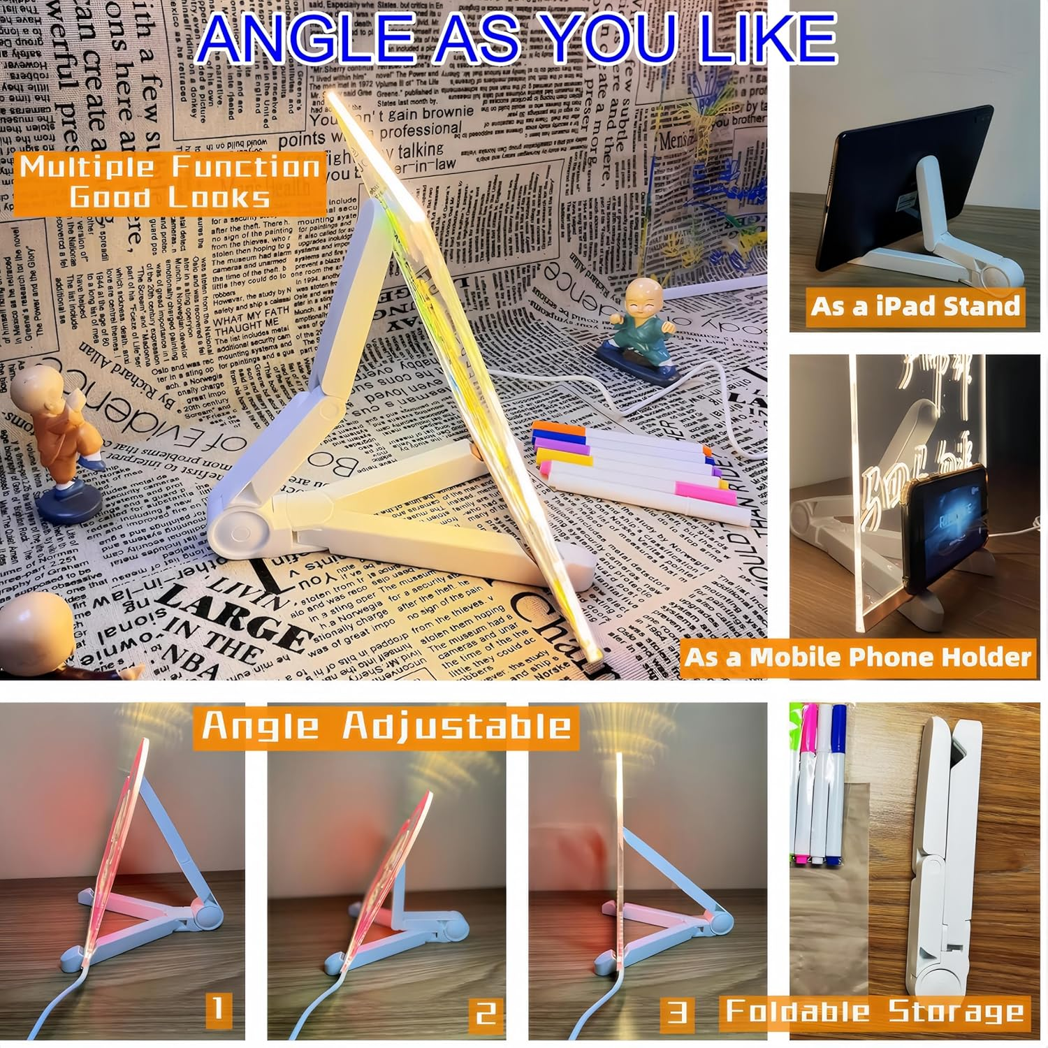 Febohao Led Acrylic Board Light up Drawing Board Noteboard with Colors Dry Erase Board with 7 Pens (11.8 X7.9 In) image number 5