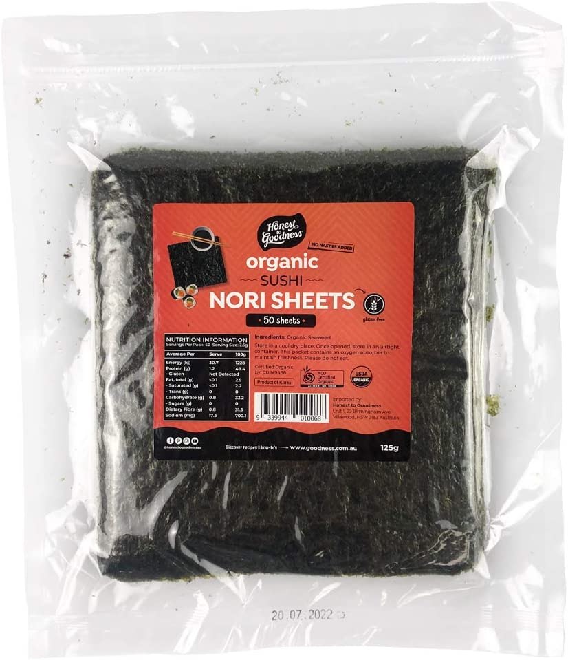 Honest to Goodness, Organic Sushi Nori Sheets, 125 Grams, 50 Sheets. Naturally Harvested Seaweed, Roasted to Perfection! Twice Dried without Additives or Preservatives.