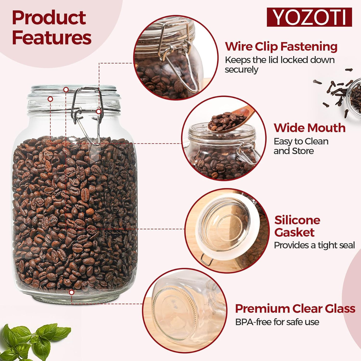 YOZOTI 50Oz Airtight Glass Jars with Lids, 3 PCS Food Storage Canister for Kitchen & Pantry Organization and Storage, Square Mason Jar Containers for Storing Sugar, Flour, Cereal,Coffee,Cookies image number 1