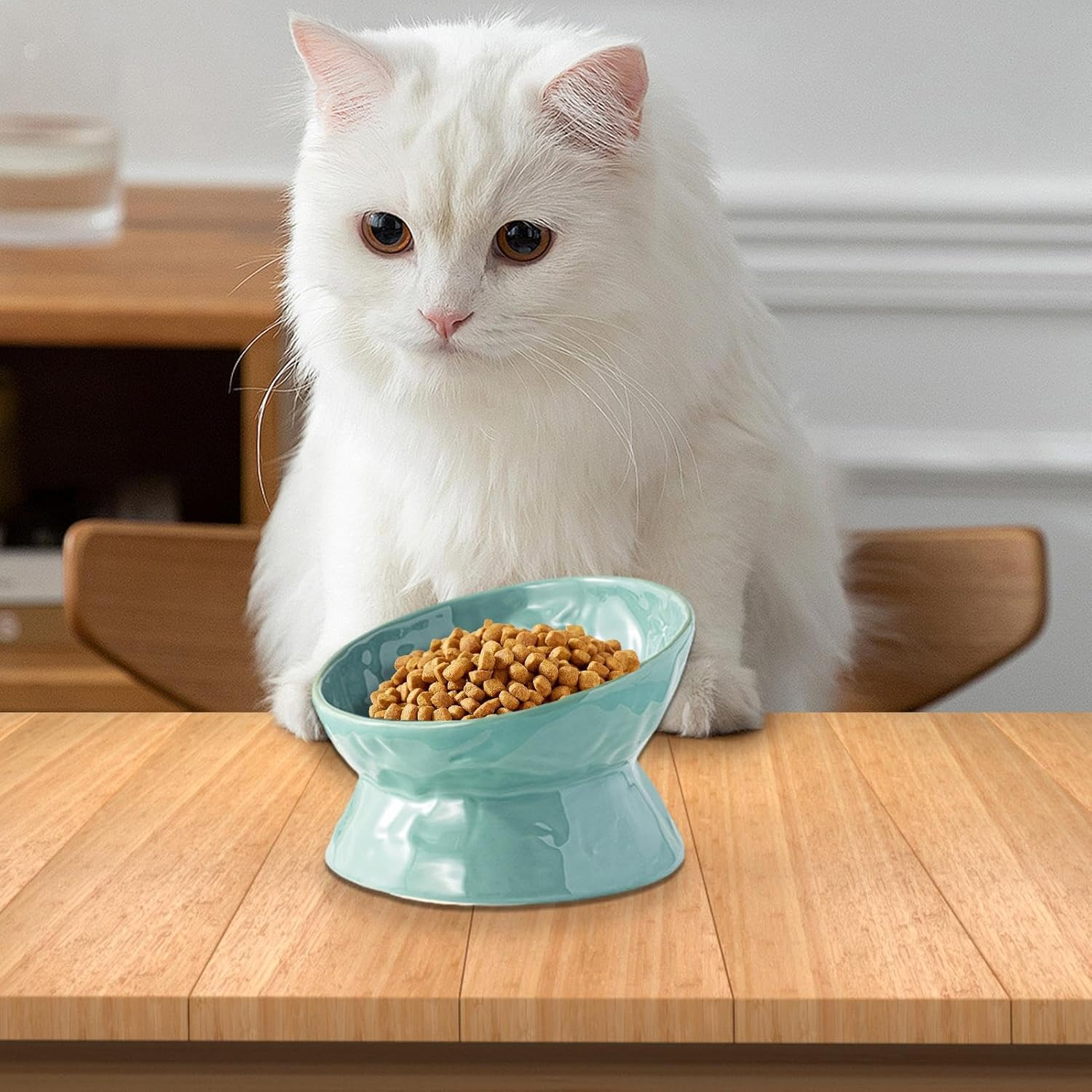 Shurzzesj Elevated Cat Water Bowl, Ceramic Cat Food and Water Bowls, Anti-Tip Pet Food Dish, Wide Cat Food Bowl for Cats Dogs Pets - Creamy Yellow Flat Mouth image number 5