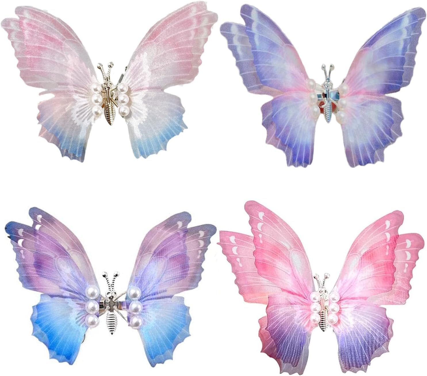 Set of 4 Butterfly Hair Clips Girls, 3D Glitter Colour Gradient Hair Accessories Girls Women Children Hair Clips Set, Bridal Wedding Jewellery Headpieces Hair Bun Hair Accessories image number 4