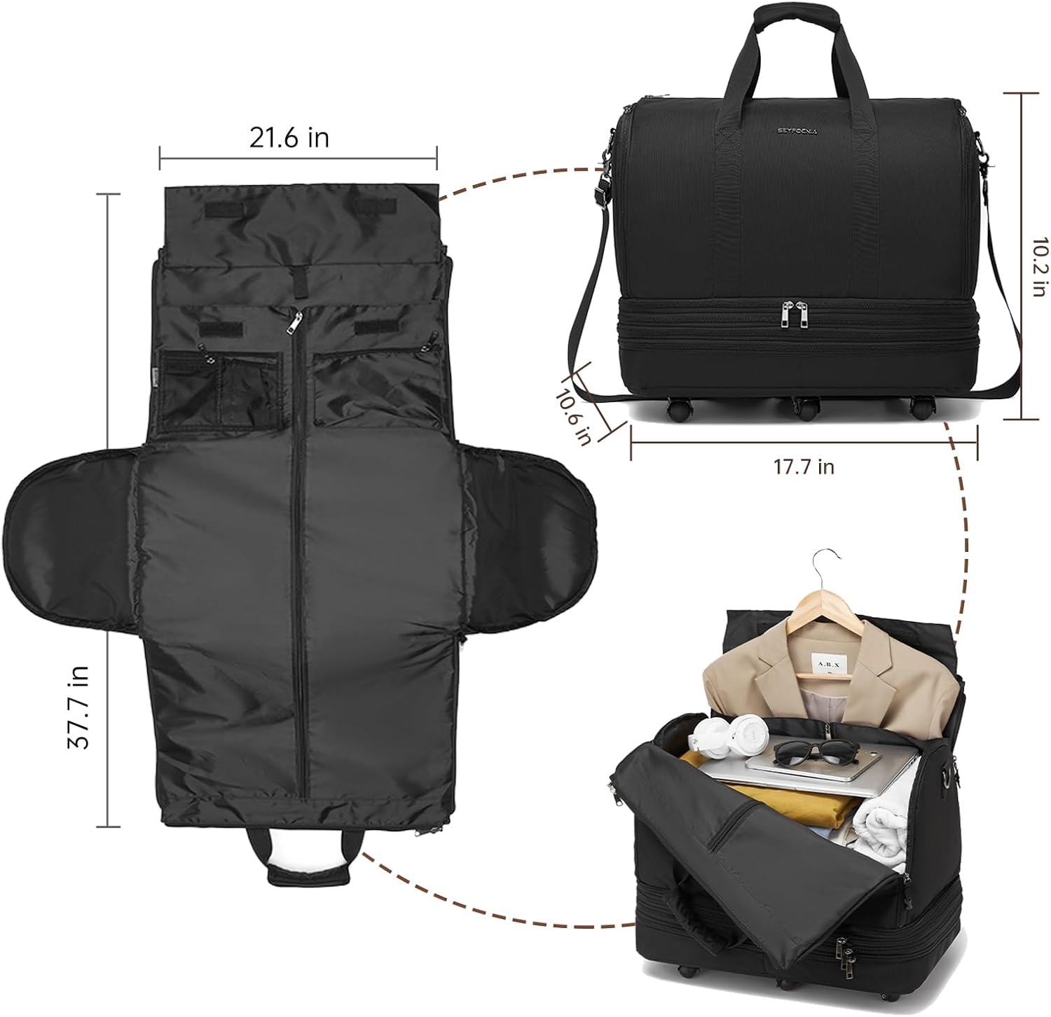 Collapsible Rolling Garment Bags, Large Rolling Duffle Bag with Wheels Convertible Travel Garment Bag for Men Women Carry on Garment Bag for Travel Suitcase Suit Business Travel Bag, Black image number 3