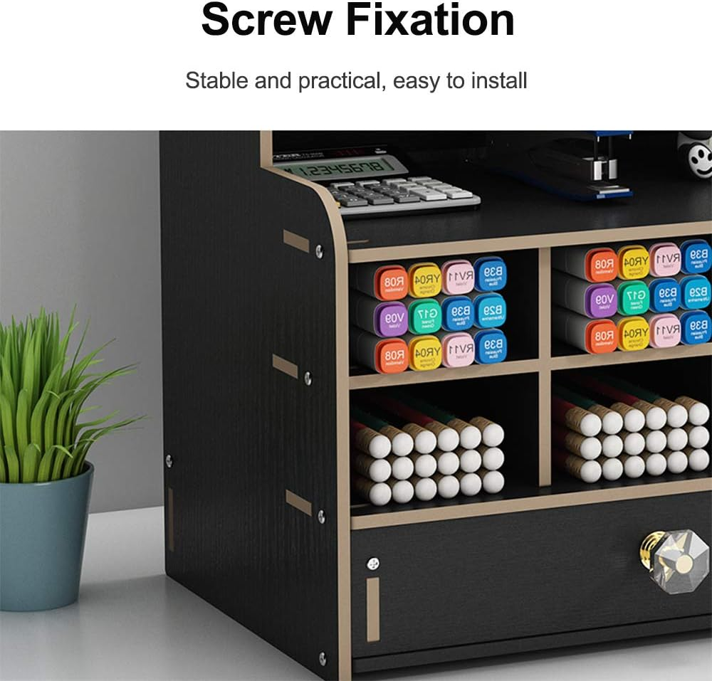 Wooden Desk Organizer with Drawer, Large Capacity DIY Pen Holder Storage Box Desktop Stationary Storage Rack, Pen Organizer Caddies for Office, Home and School Supplies (B16-Black) image number 2