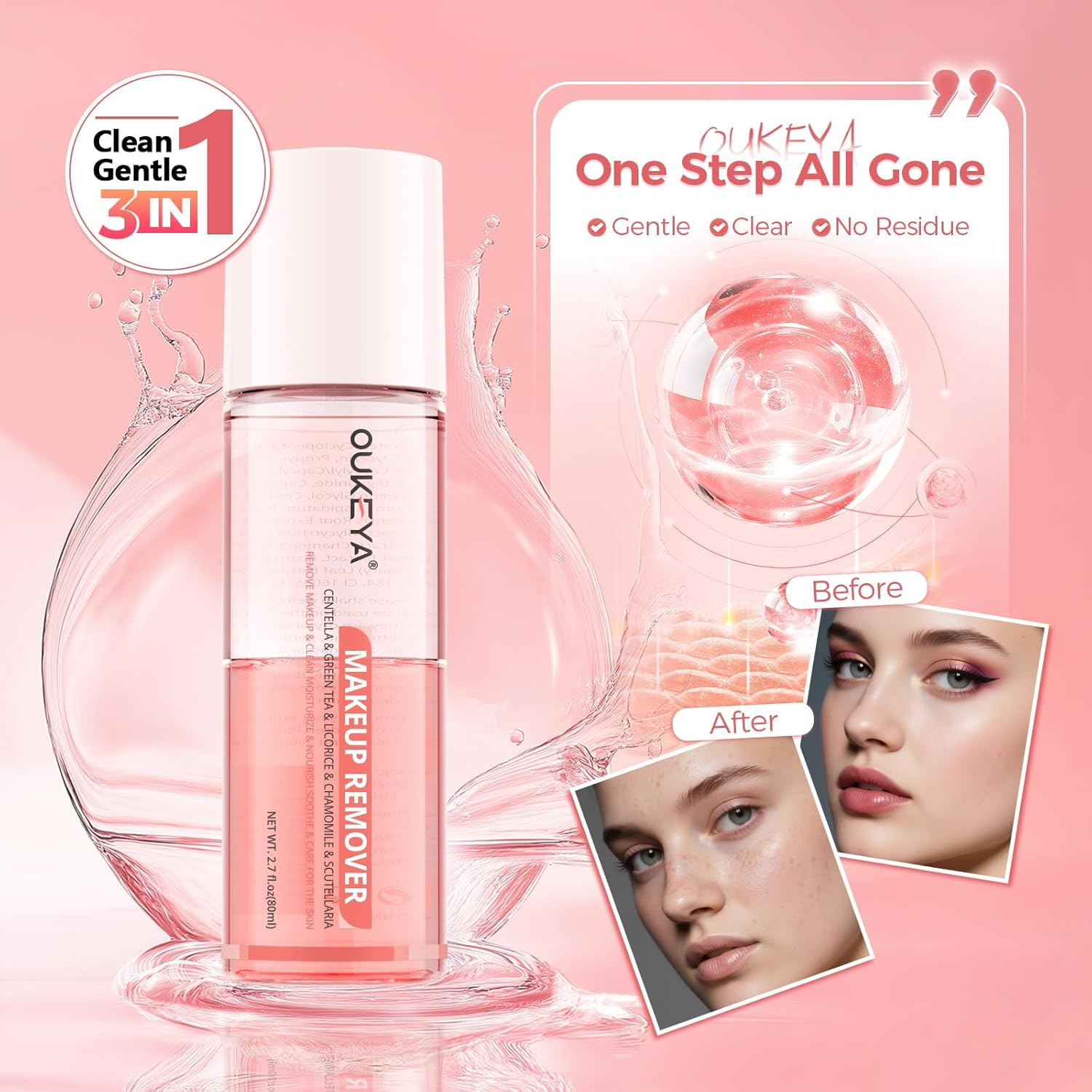 OUKEYA Eyes & Lip Heavy Makeup Remover, Waterproof Mascara Remover, Gentle Cleanser Liquid for Makeup with Natural Ingredients for Face, Normal Skin Types (80 Ml) image number 4