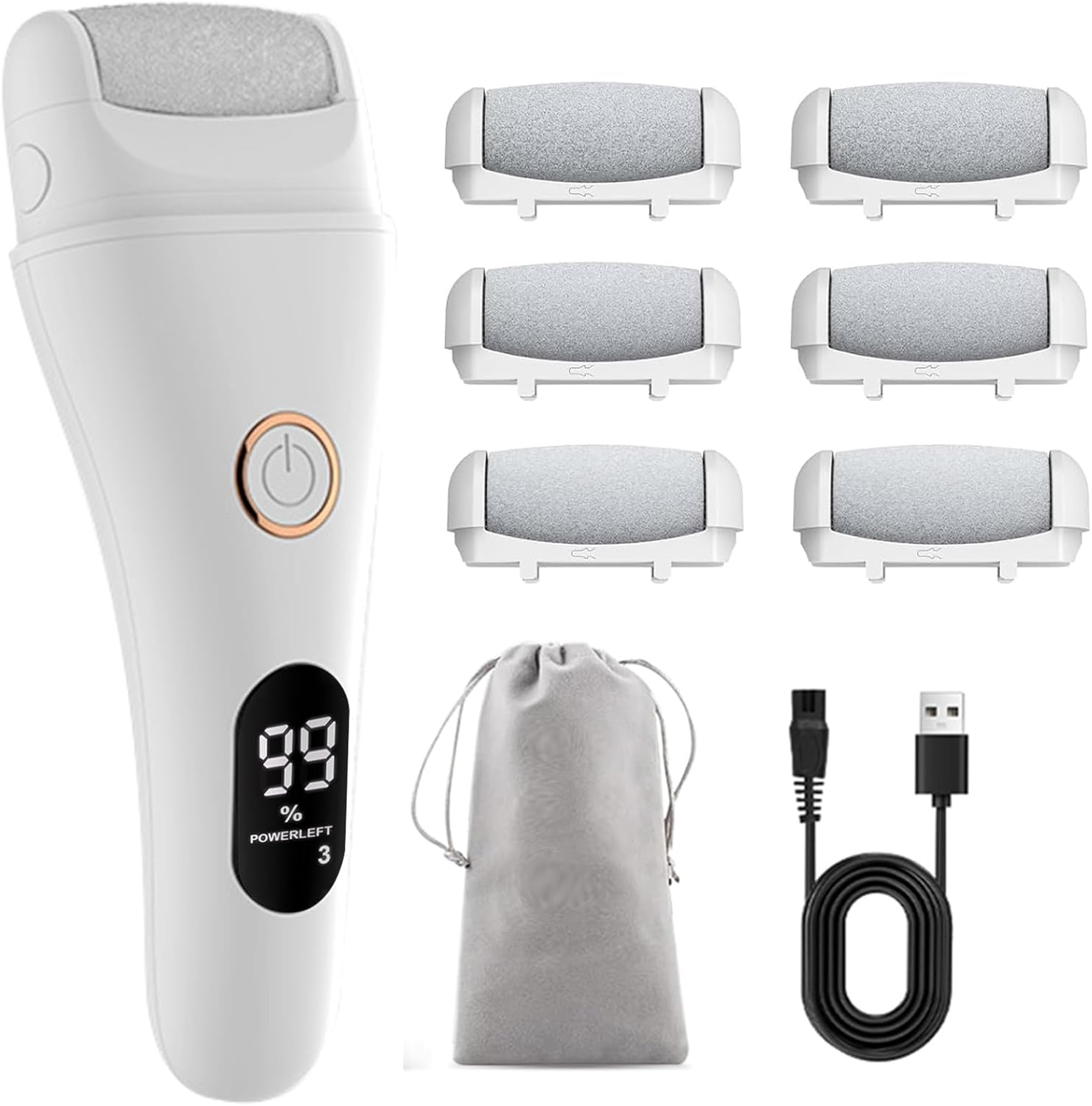 Electric Callus Remover - Callus Removal Foot Electric - Electric Callus Remover with 3 Gears, 6 Replacement Rollers, Waterproof Foot File for Cracked Heels, Callus Removal (White-6)