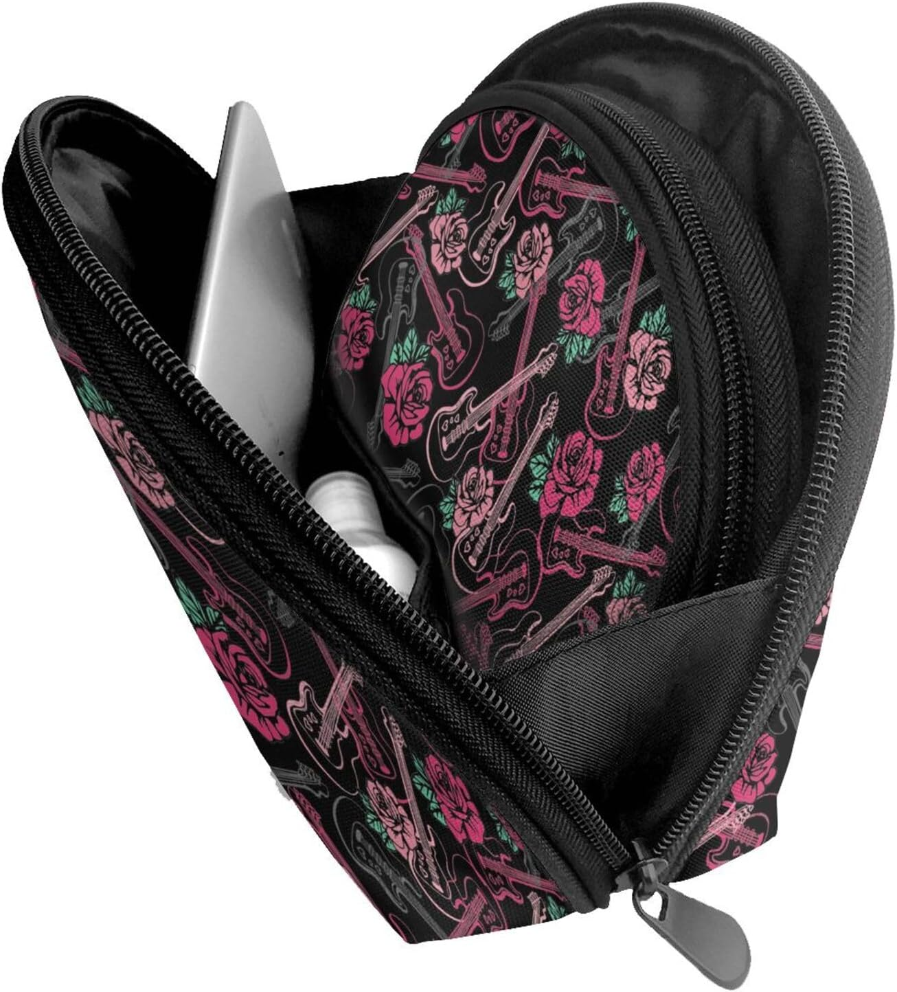 Cozimangoe Coin Pouch Makeup Bags Set, 2 Piece Shell Shape Cosmetic Bag with Pockets for Daily Travel Handbag Lipstick Keys Toiletry, Personalized Guitar and Rose