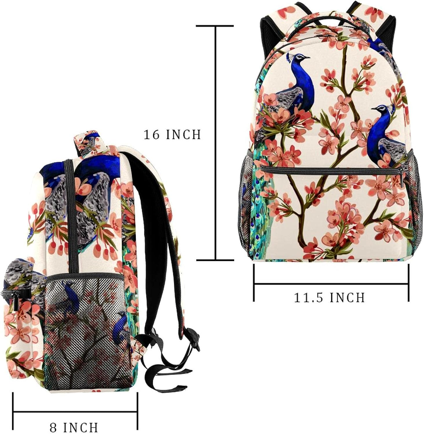 Peacock Tropical Japanese Flowers, Tree, Spring Backpack Students Shoulder Bags Travel Bag College School Tote Backpacks image number 4