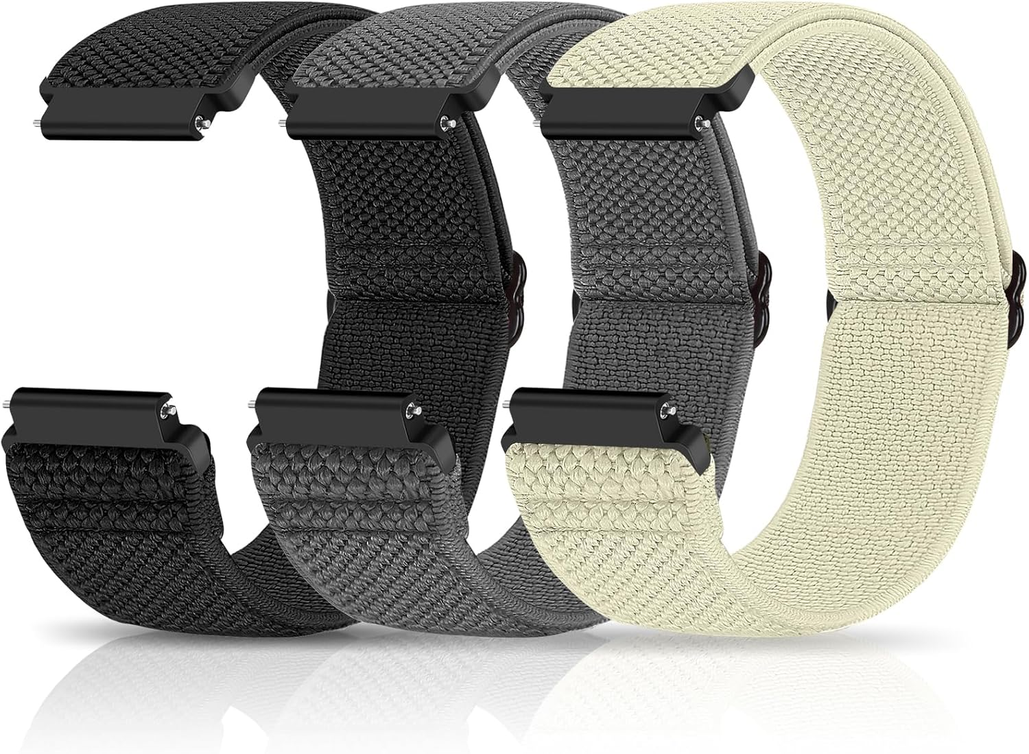 Puhuite Stretchy Nylon Band for Samsung Galaxy Watch 6/5/4,Galaxy Watch 4/6 Classic,Garmin Vivoactive 5/Vivoactive 3,Garmin Venu 2 Plus/Venu Sq/Venu Band,Garmin Forerunner 645/245 Music Elastic Band - Black+Army Green+Beige image number 6