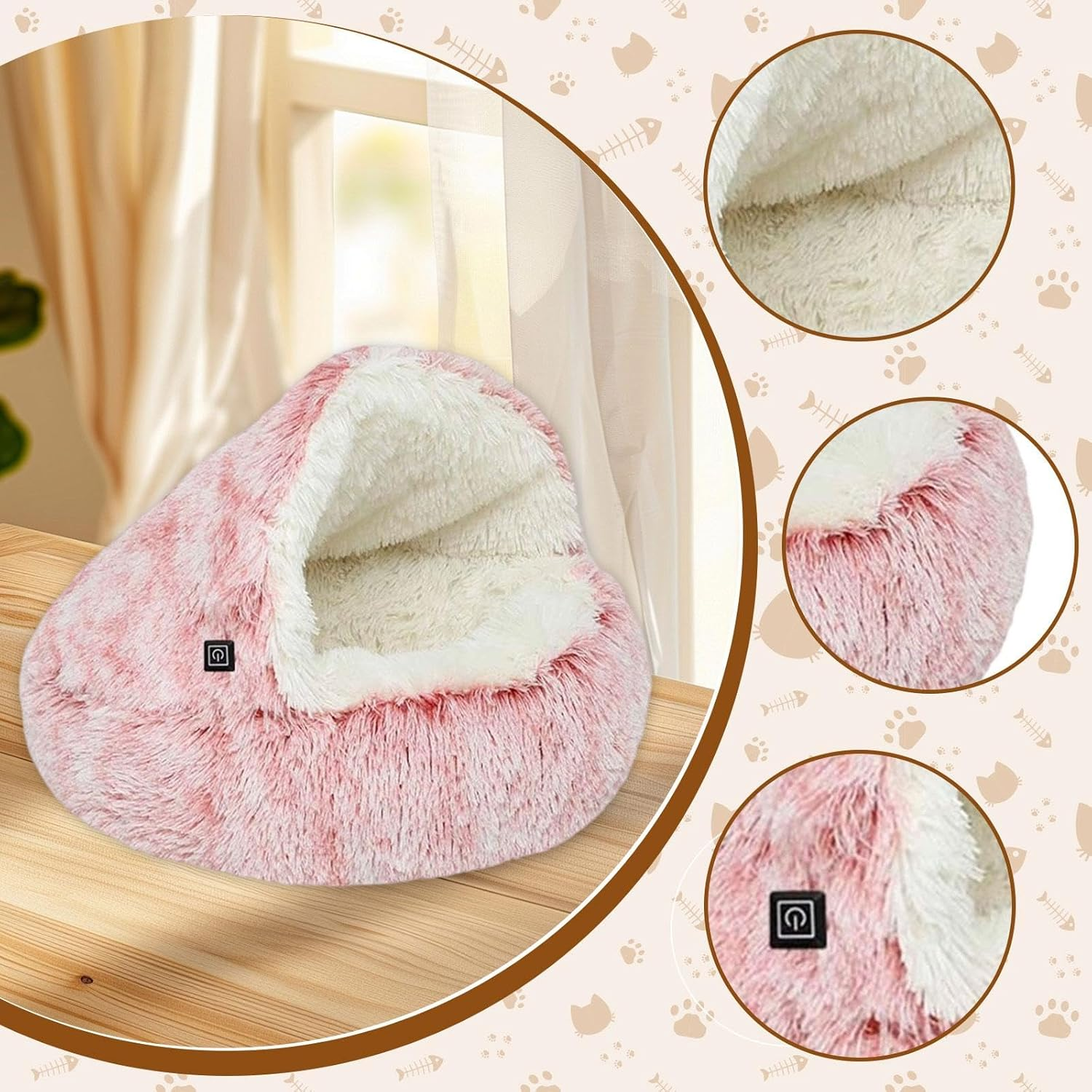 MFMEXUL Heated Cat Bed, Semi-Enclosed round Puppy Nest, Autumn and Winter Pet Supplies Pad, Pink - Brown image number 3