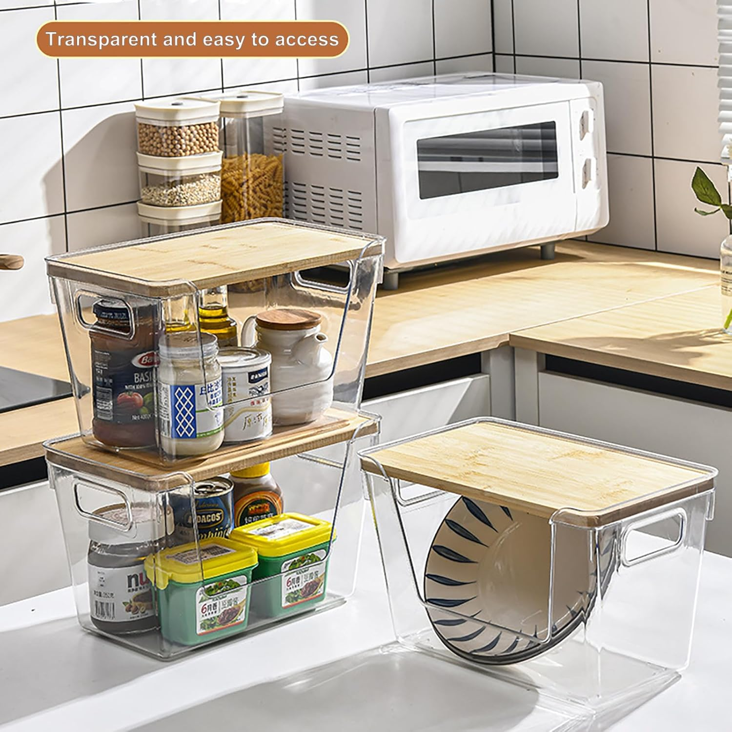 LISNSMY 2 Set Clear Stackable Storage Boxes with Bamboo Wood Lid and Handles, Open Pantry Organizer Bins, 29X18X18 CM, for Bathroom, Cabinet, Kitchen, Fridge, Closet Organization image number 4