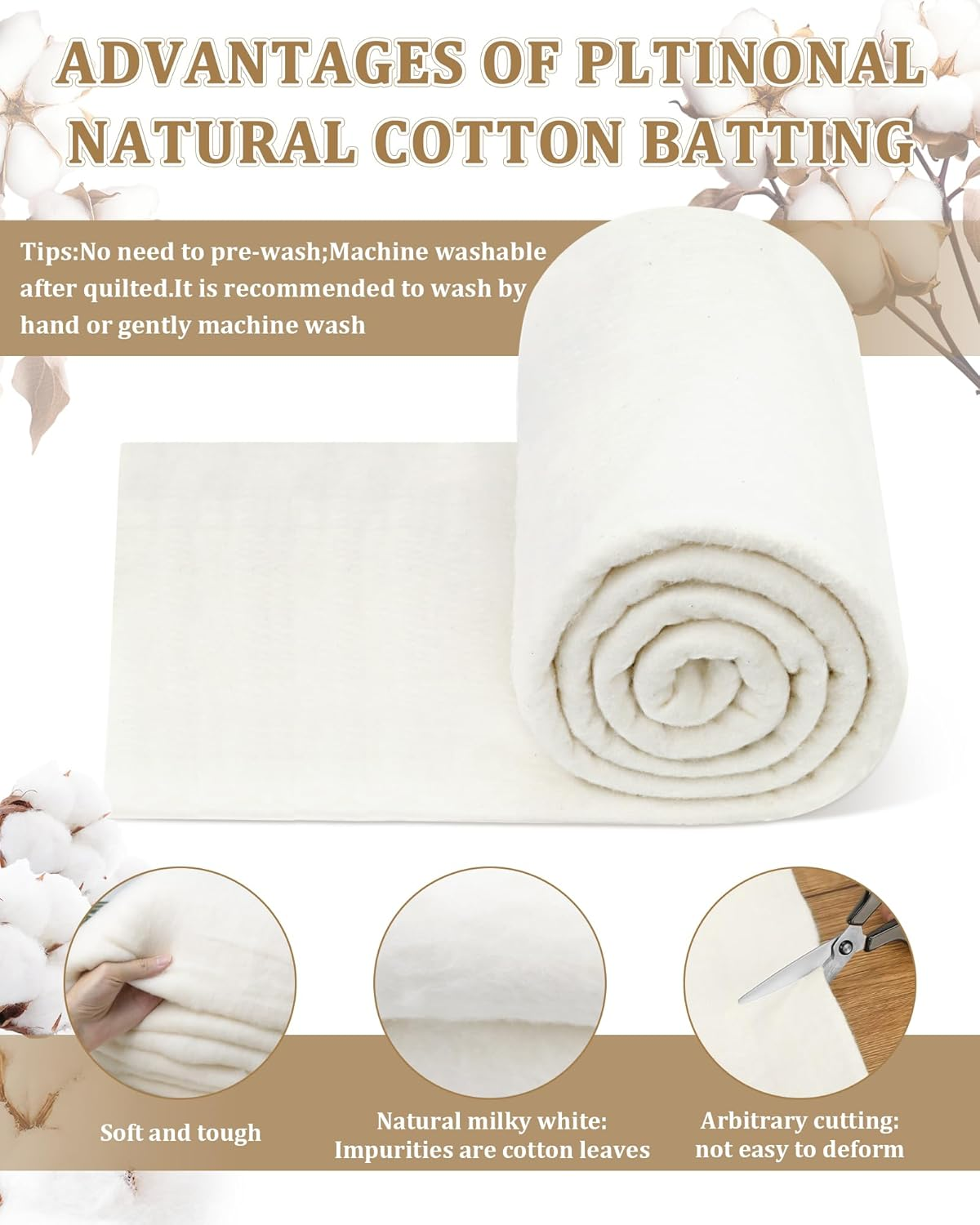 PLANTIONAL Natural Cotton Batting for Quilts: 59-Inch X 79-Inch Light Weight Purely Natural All Season Quilt Batting for Quilts, Craft and Wearable Arts image number 5