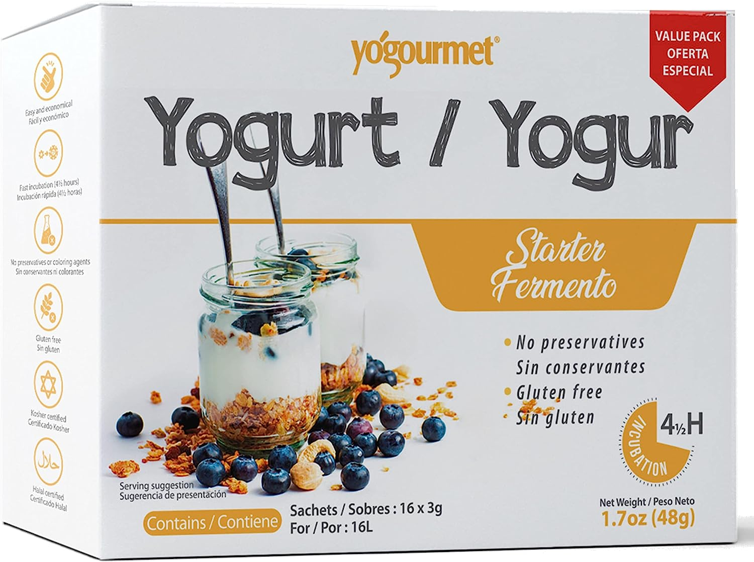 Yogourmet Yogurt Starter (16 Sachets = 16 Liters of Yogurt) - Make Yogurt at Home - Starter Culture - All Natural, Gluten Free, Kosher, Halal - 3 G Sachets image number 1