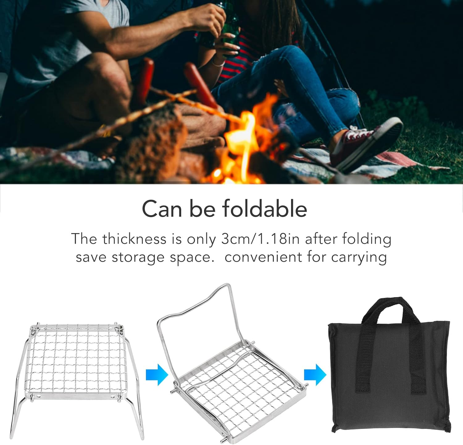 Folding BBQ Grill Rack, Stainless Steel Mini Barbecue Campfire Grill Stove Stand Rack Portable Camping Pot Stand Grid Design with Storage Bag for Outdoor Picnic image number 1