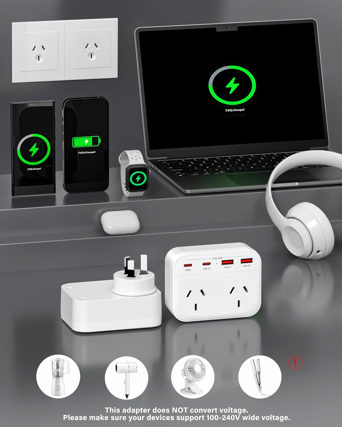 LOVELEDI USB Plug Extension - PD 20W USB C Powerpoint, 2 Way Socket Extender with 2 USB-C & 2 USB A, 6-In-1 Grounded Plug Power Outlet Double Adapter, Extension Board for Home, Office, Bedroom, Travel image number 5