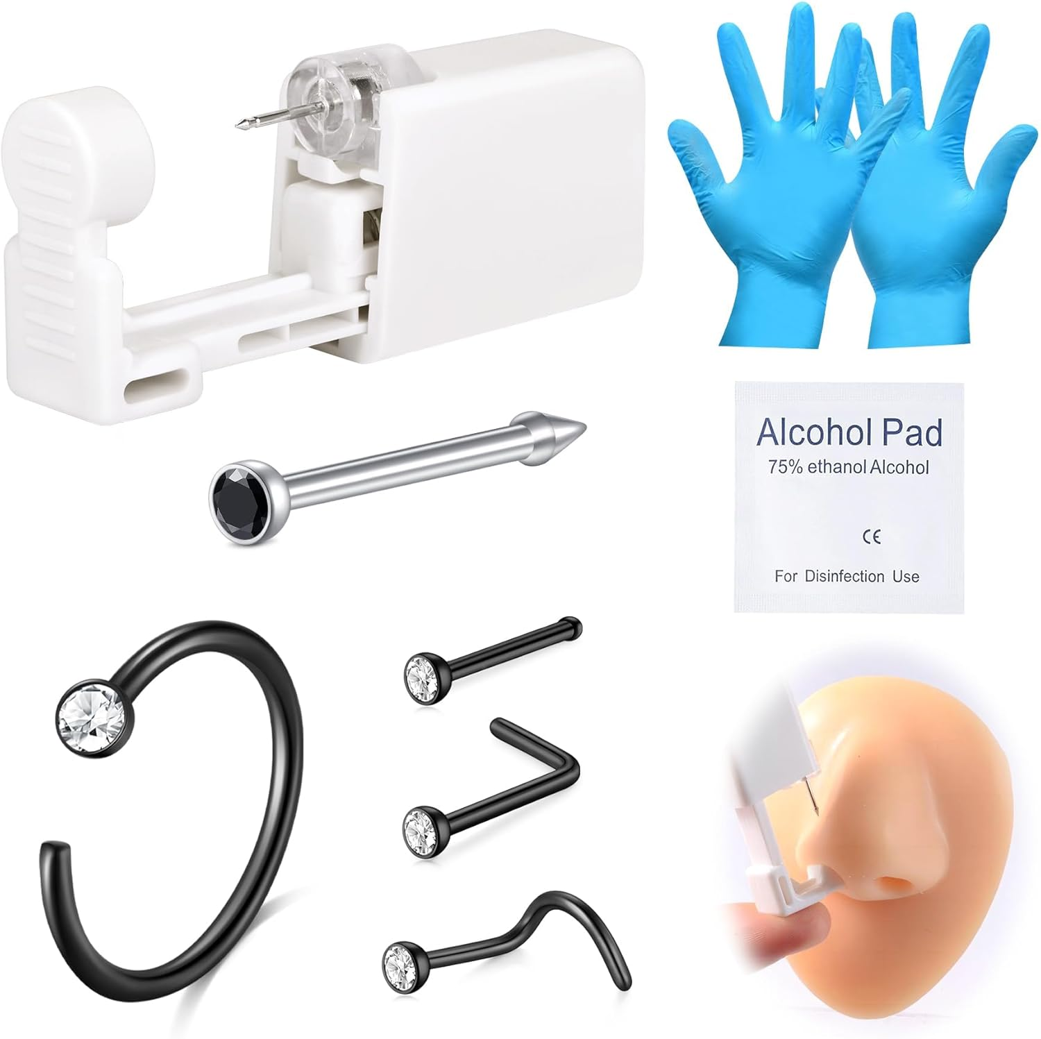 DJCIW 8Pcs Nose Piercing Kit, Piercing Gun Built-In Silvery Nose Studs, Painless Self Piercing Kit with 20G Nose Hoop Rings Studs, Disposable Piercing Gun for at Home Nose Piercing