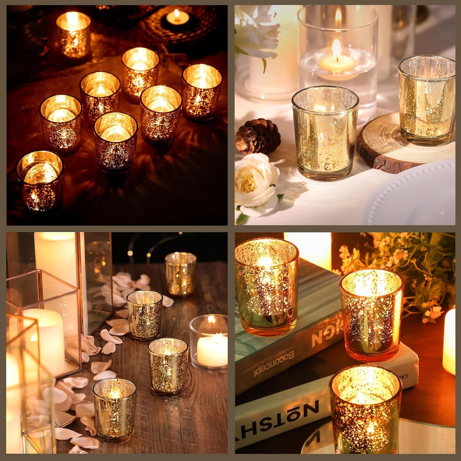 Votive Candle Holders Set of 12, Golden Speckles Mercury Glass Tealight Candle Holder, Wedding Centerpiece Table Decorations, for Bridal Shower, Baby Shower & Home Decor image number 1