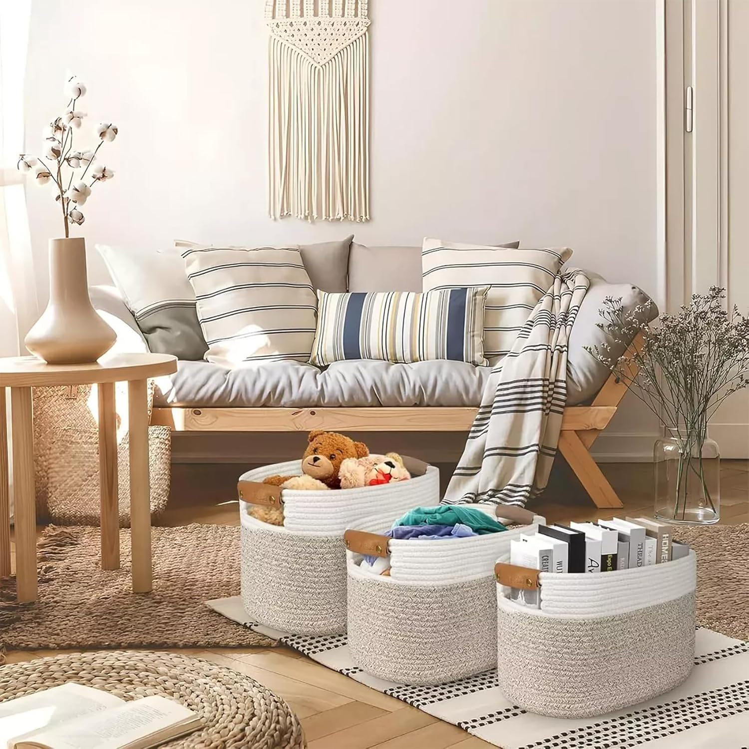 3Pc Foldable Woven Storage Baskets: Detachable Handles - 100% Cotton Rope for Clothing, Toy and Home Organization​(White+Beige,3) - Black image number 5