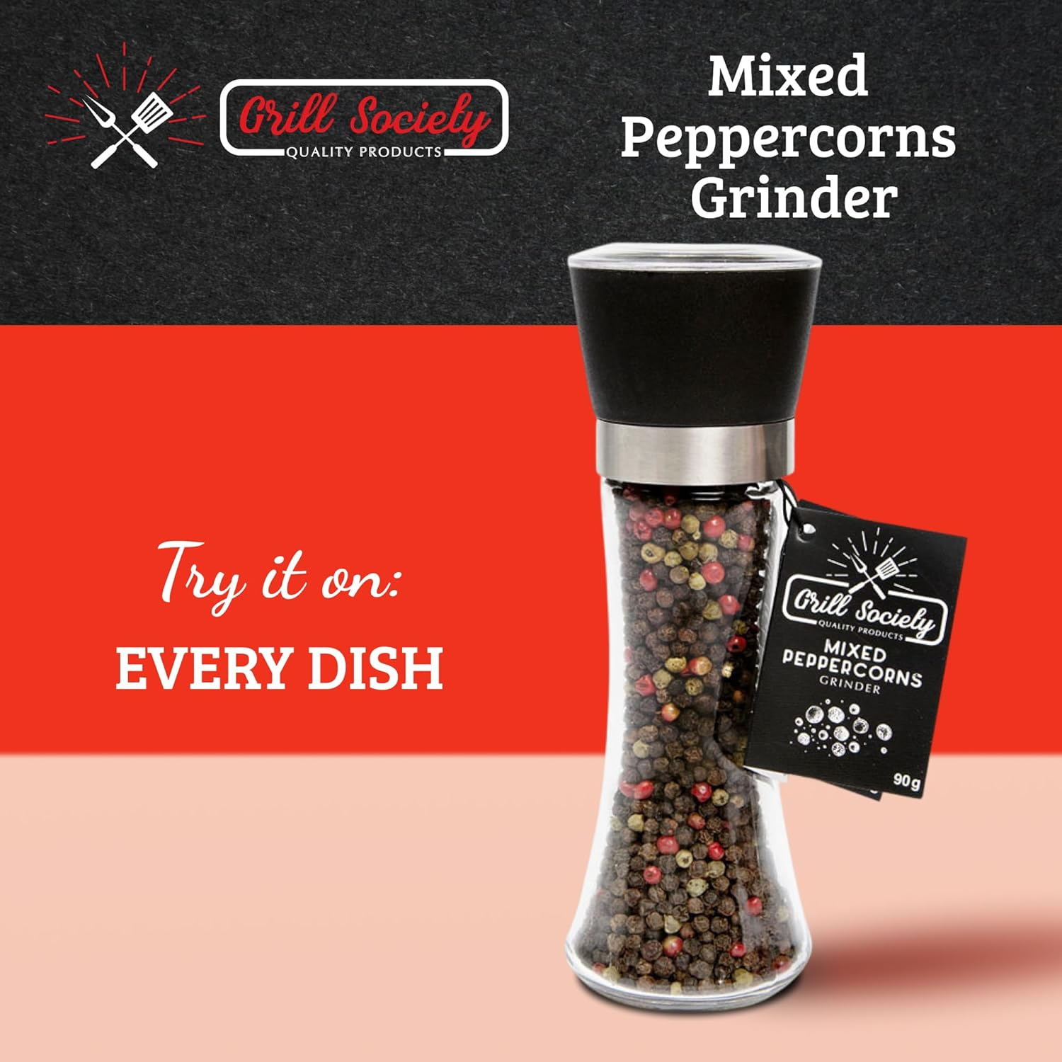 Grill Society Mixed Peppercorns Grinder, 90G - Whole Mixed Peppercorns Spice Grinder with Bold Flavour, Adjustable Pepper Grinder for Cooking, BBQ, Steak, Salads and Everyday Use image number 4