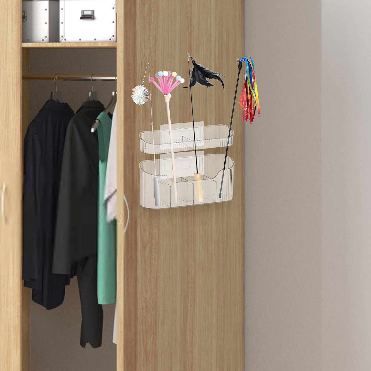 OGA Cat Wand Toy Storage Hanging Holder Cat Wand Toy Basket Cat Wand Storage Rack for Organizing Feather for Cat, Cat Accessories for Indoor Cats, Kitten Accessories, Cat Storage Basket, Clear